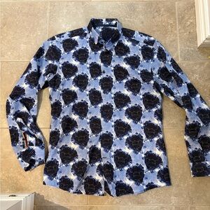 Men's Blue Floral Print Long-Sleeve Button-Down Shirt